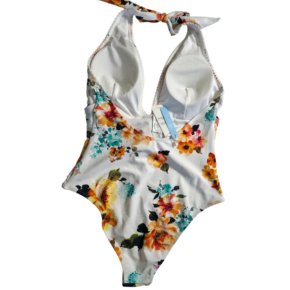 Cupshe Floral One Piece Swimsuit XL Women Halter Tie Waist Beach NWT - Picture 3 of 10